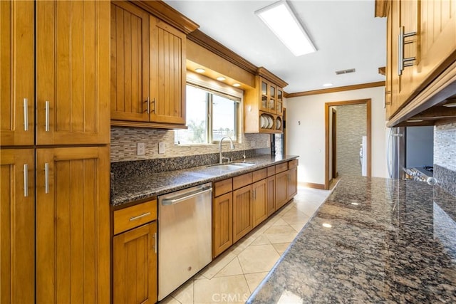 401 Holmwood Dr, Newport Beach, CA 92663 - kitchen with dishwasher, a sink, crown molding, brown cabinetry, and tasteful backsplash