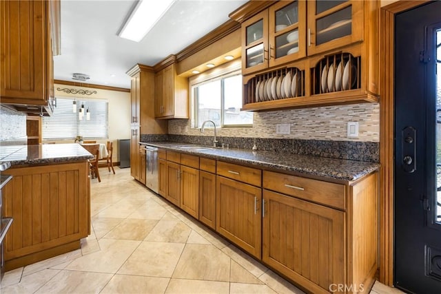 401 Holmwood Dr, Newport Beach, CA 92663 - kitchen with a sink, dishwasher, crown molding, and decorative backsplash