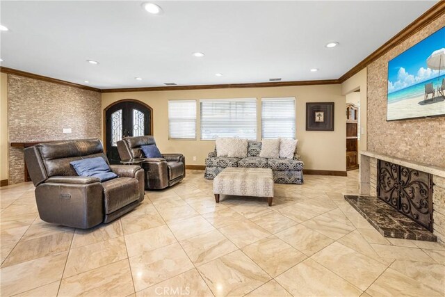 401 Holmwood Dr, Newport Beach, CA 92663 - living room with ornamental molding, baseboards, recessed lighting, and a fireplace with raised hearth