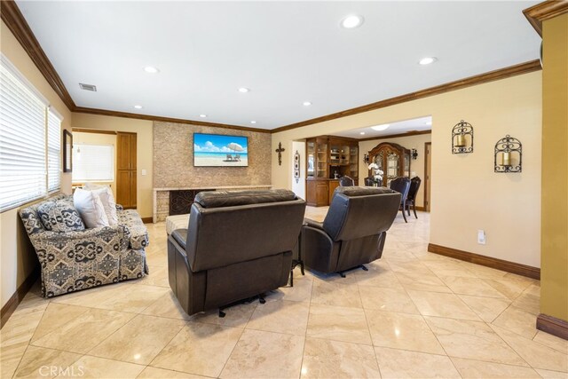 401 Holmwood Dr, Newport Beach, CA 92663 - living area featuring baseboards, recessed lighting, ornamental molding, a fireplace, and light tile patterned floors