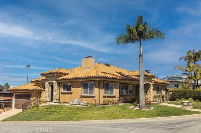 401 Holmwood Dr, Newport Beach, CA 92663 - mediterranean / spanish-style house with a chimney, a tiled roof, an attached garage, a front lawn, and stucco siding