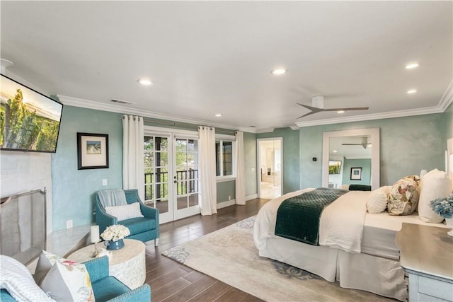 bedroom with recessed lighting, access to outside, visible vents, ornamental molding, and wood finished floors