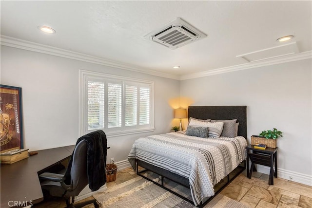 bedroom with crown molding, visible vents, attic access, and baseboards