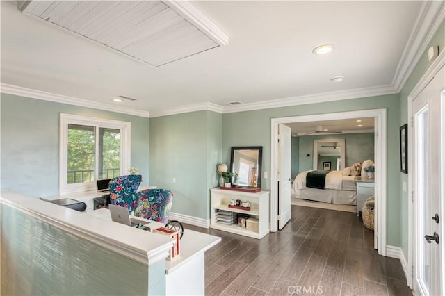 office space with dark wood-style floors, baseboards, crown molding, and recessed lighting