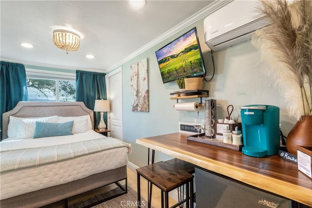 bedroom with a wall mounted air conditioner, crown molding, and recessed lighting