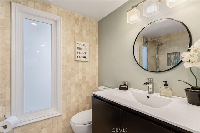 bathroom with toilet, walk in shower, and vanity