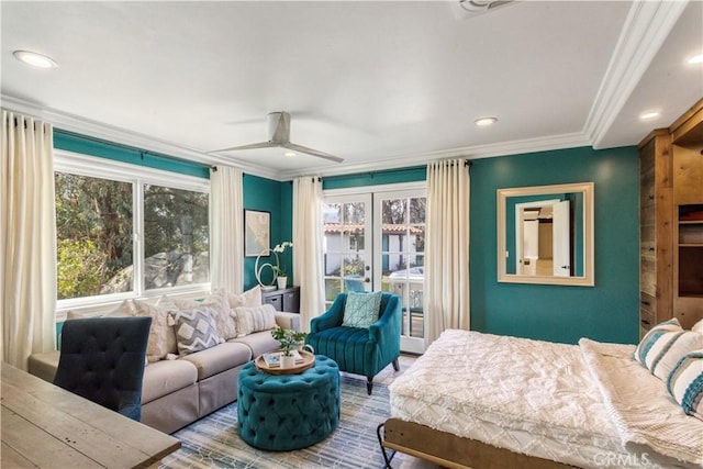 bedroom with crown molding, recessed lighting, and multiple windows