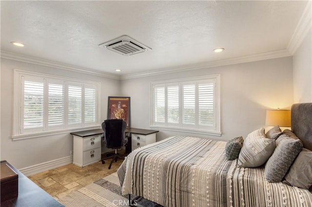 bedroom with stone tile flooring, visible vents, multiple windows, and baseboards