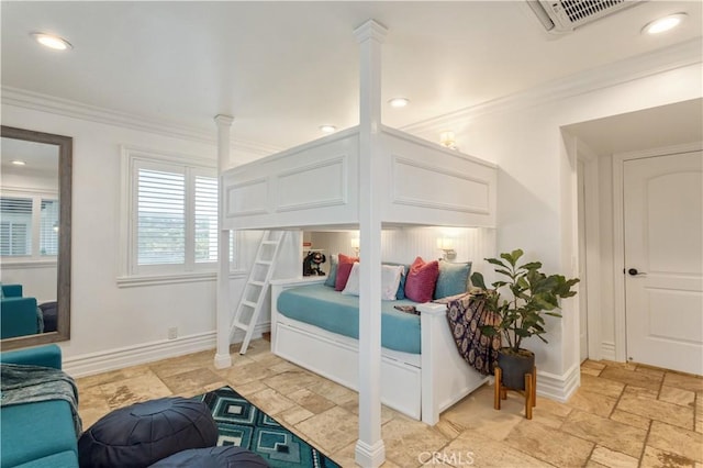 bedroom with stone tile floors, visible vents, recessed lighting, and ornamental molding