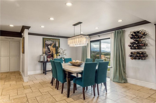 dining space featuring recessed lighting, ornamental molding, stone tile floors, baseboards, and a notable chandelier