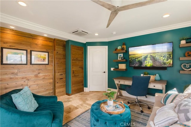office with visible vents, recessed lighting, crown molding, and baseboards