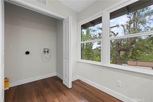 3476 Linda Vista Rd, Glendale, CA 91206 - clothes washing area with dark wood-style floors, laundry area, baseboards, visible vents, and hookup for a washing machine