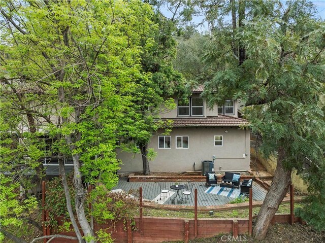3476 Linda Vista Rd, Glendale, CA 91206 - rear view of property featuring cooling unit, a tile roof, stucco siding, and a wooden deck