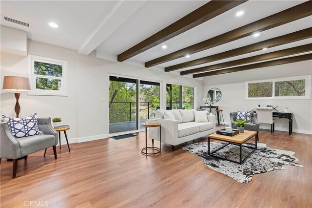3476 Linda Vista Rd, Glendale, CA 91206 - living room featuring baseboards, visible vents, beamed ceiling, and wood finished floors