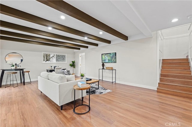 3476 Linda Vista Rd, Glendale, CA 91206 - living room with baseboards, stairs, recessed lighting, beam ceiling, and light wood-type flooring