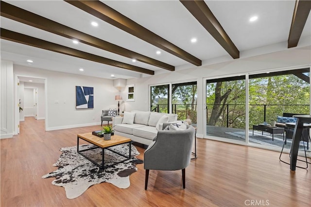 3476 Linda Vista Rd, Glendale, CA 91206 - living room with baseboards, beamed ceiling, recessed lighting, and light wood-type flooring