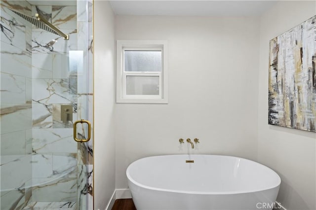 3476 Linda Vista Rd, Glendale, CA 91206 - full bathroom with baseboards, a marble finish shower, and a freestanding bath