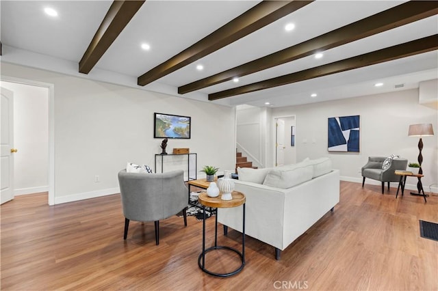 3476 Linda Vista Rd, Glendale, CA 91206 - living area featuring recessed lighting, beamed ceiling, stairway, and light wood-type flooring