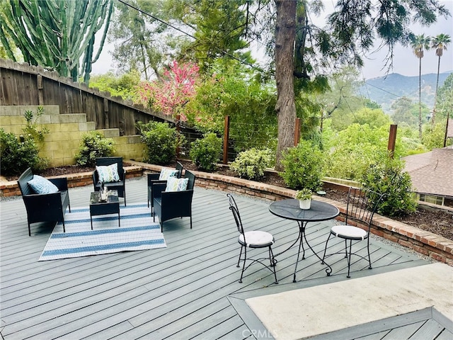 3476 Linda Vista Rd, Glendale, CA 91206 - wooden terrace featuring an outdoor living space, fence, and a mountain view