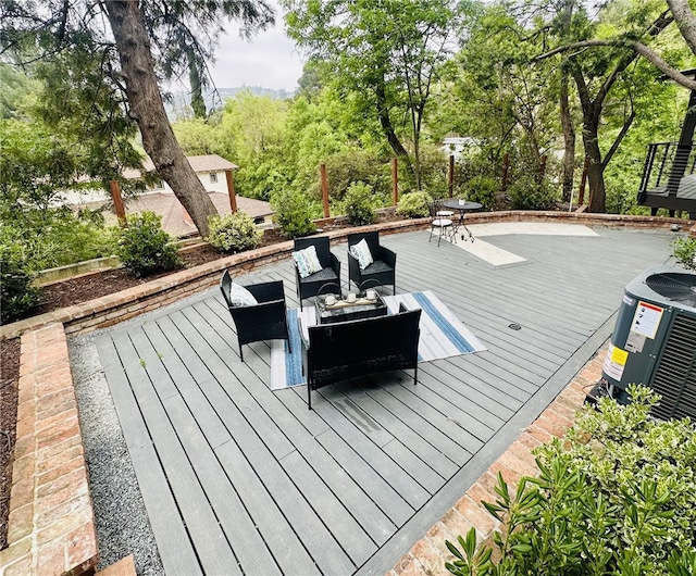 3476 Linda Vista Rd, Glendale, CA 91206 - wooden deck featuring an outdoor hangout area and cooling unit