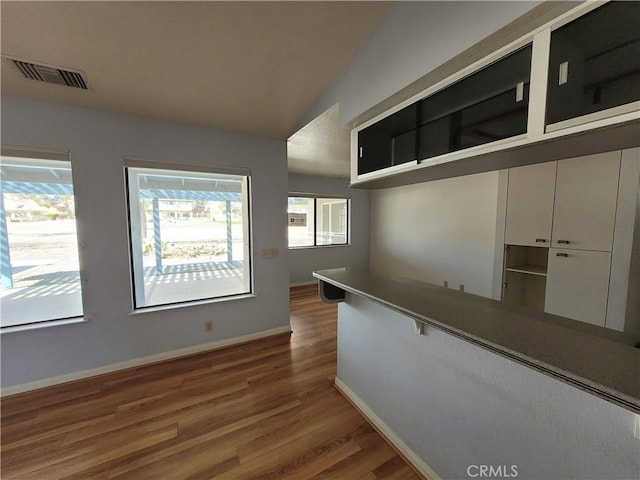 interior space featuring white cabinets, wood finished floors, visible vents, and a wealth of natural light