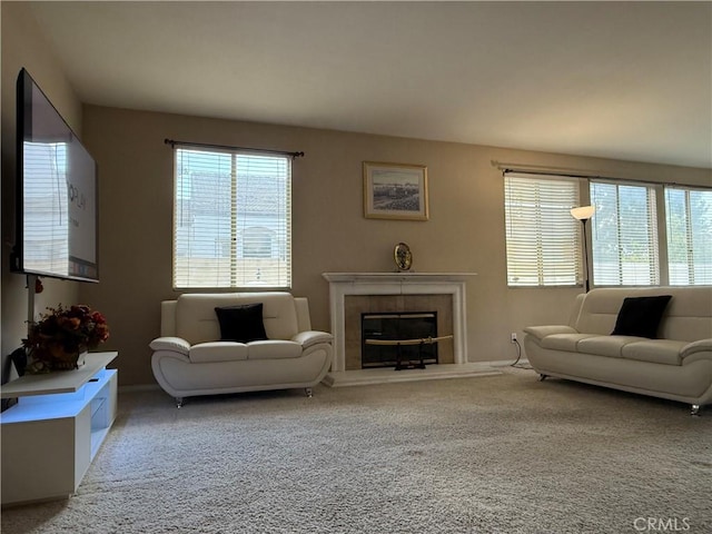 1050 Ginger Cir, Corona, CA 92879 - carpeted living area with a tiled fireplace and a wealth of natural light