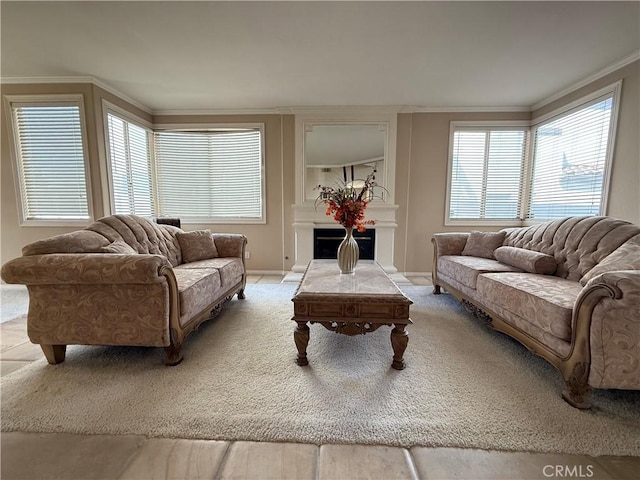 1050 Ginger Cir, Corona, CA 92879 - living area featuring light colored carpet, baseboards, crown molding, and a fireplace