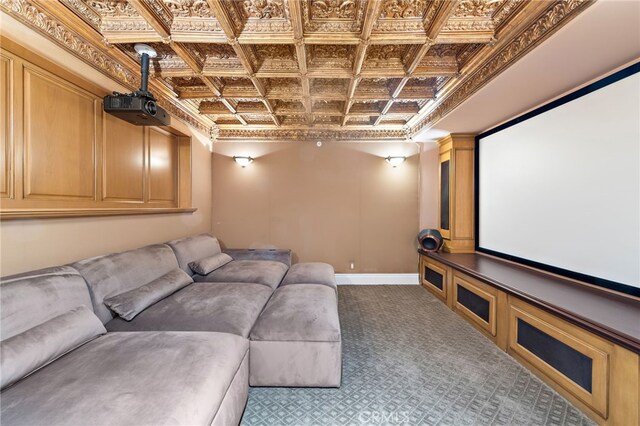 31821 Monarch Crst, Laguna Niguel, CA 92677 - carpeted home theater room featuring baseboards and coffered ceiling