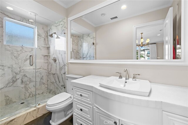 31821 Monarch Crst, Laguna Niguel, CA 92677 - bathroom featuring a marble finish shower, vanity, a chandelier, ornamental molding, and recessed lighting
