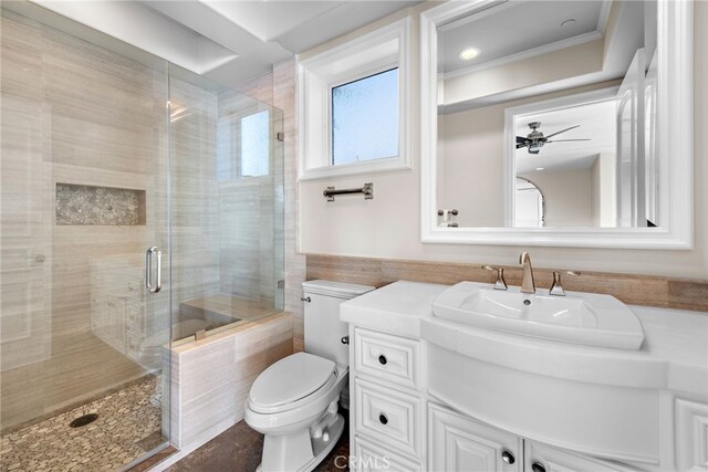 31821 Monarch Crst, Laguna Niguel, CA 92677 - bathroom featuring a stall shower, vanity, and ceiling fan