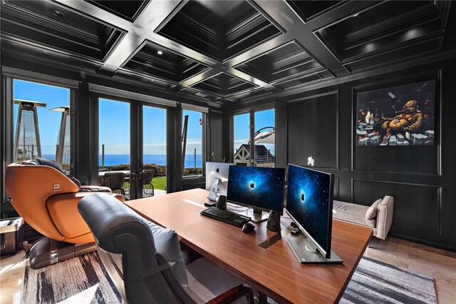 31821 Monarch Crst, Laguna Niguel, CA 92677 - home office with coffered ceiling, plenty of natural light, ornamental molding, and a wood ceiling with exposed beams