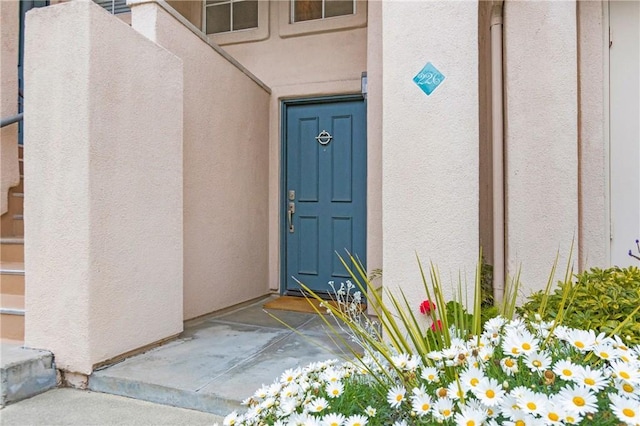 doorway to property with stucco siding