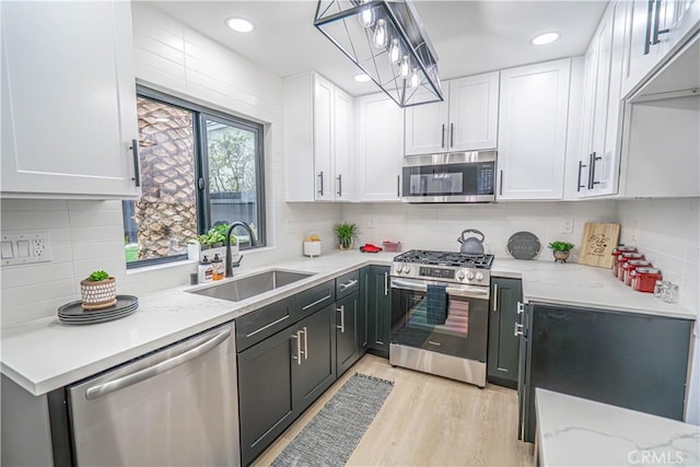 11845 Gladstone Ave, Sylmar, CA 91342 - kitchen featuring appliances with stainless steel finishes, a sink, white cabinets, decorative backsplash, and recessed lighting