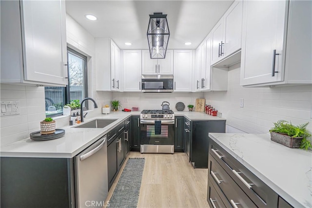11845 Gladstone Ave, Sylmar, CA 91342 - kitchen featuring a sink, stainless steel appliances, white cabinets, light wood-style floors, and backsplash