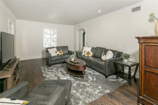 449 Fern Dell Pl, Glendora, CA 91741 - living area featuring wood finished floors, arched walkways, ornamental molding, and baseboards