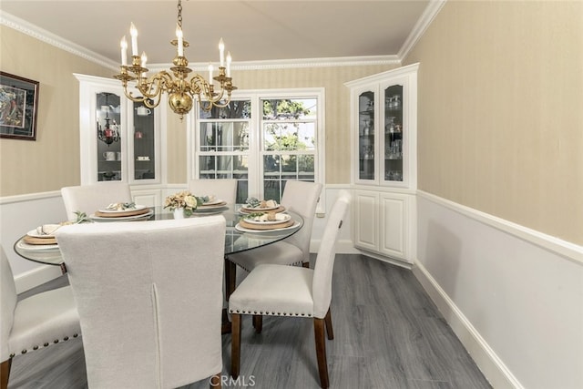 449 Fern Dell Pl, Glendora, CA 91741 - dining room with crown molding, a chandelier, and dark wood-style floors