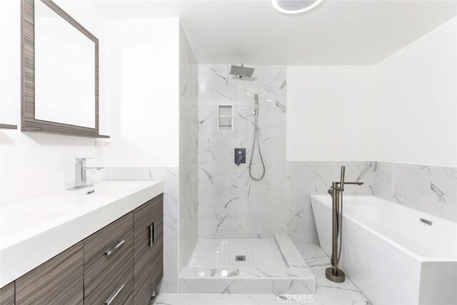 449 Fern Dell Pl, Glendora, CA 91741 - bathroom with a marble finish shower, vanity, a freestanding bath, and marble finish floors