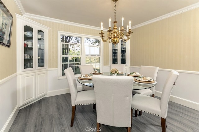 449 Fern Dell Pl, Glendora, CA 91741 - dining area with a chandelier, crown molding, dark wood-type flooring, and baseboards