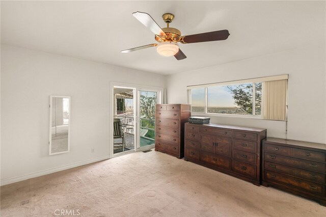8017 Floral Ave, Los Angeles, CA 90046 - bedroom with visible vents, baseboards, ceiling fan, access to exterior, and light carpet