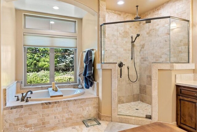1065 Burnt Rock Way, Templeton, CA 93465 - bathroom featuring a tile shower, a bath, and vanity