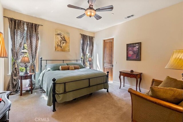 1065 Burnt Rock Way, Templeton, CA 93465 - bedroom featuring visible vents, a ceiling fan, baseboards, and light carpet