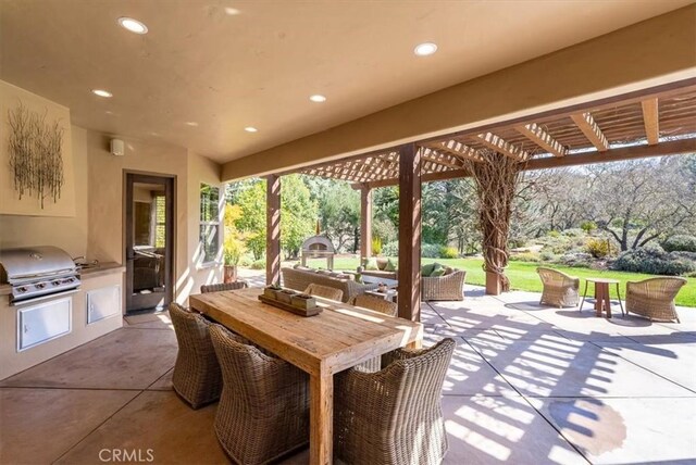 1065 Burnt Rock Way, Templeton, CA 93465 - view of patio / terrace featuring exterior kitchen, a pergola, outdoor dining space, grilling area, and an outdoor living space
