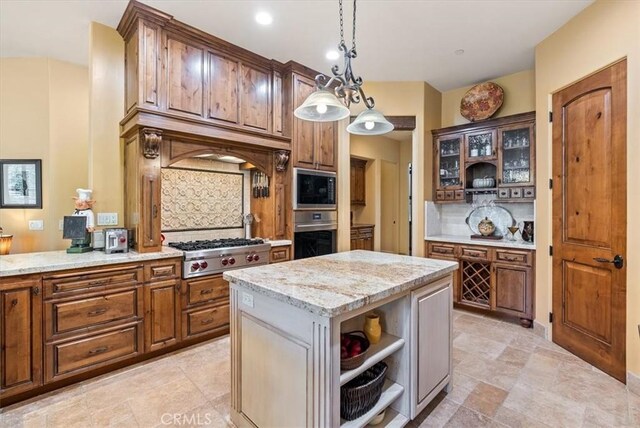 1065 Burnt Rock Way, Templeton, CA 93465 - kitchen featuring tasteful backsplash, glass insert cabinets, open shelves, light stone countertops, and appliances with stainless steel finishes