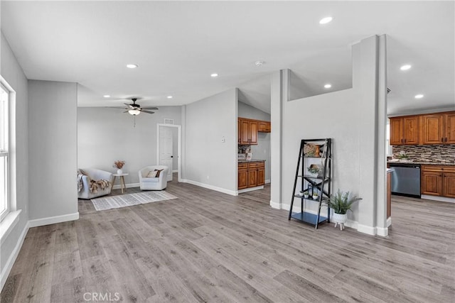 36090 Old Woman Springs Rd, Lucerne Valley, CA 92356 - unfurnished room featuring recessed lighting, lofted ceiling, light wood-style floors, and a ceiling fan