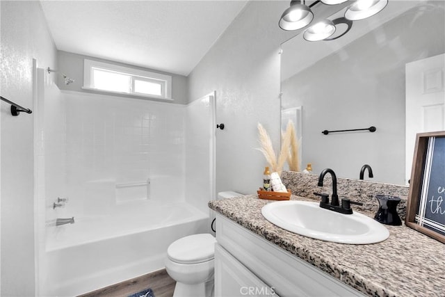 36090 Old Woman Springs Rd, Lucerne Valley, CA 92356 - full bath featuring toilet, a textured ceiling, wood finished floors, washtub / shower combination, and vanity