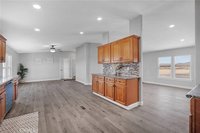 36090 Old Woman Springs Rd, Lucerne Valley, CA 92356 - kitchen featuring dishwasher, light wood-type flooring, tasteful backsplash, and ceiling fan