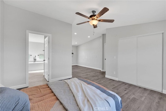 36090 Old Woman Springs Rd, Lucerne Valley, CA 92356 - bedroom featuring recessed lighting, baseboards, wood finished floors, and ceiling fan
