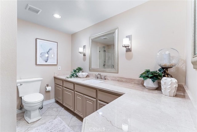 bathroom featuring toilet, vanity, tile patterned flooring, a shower, and recessed lighting