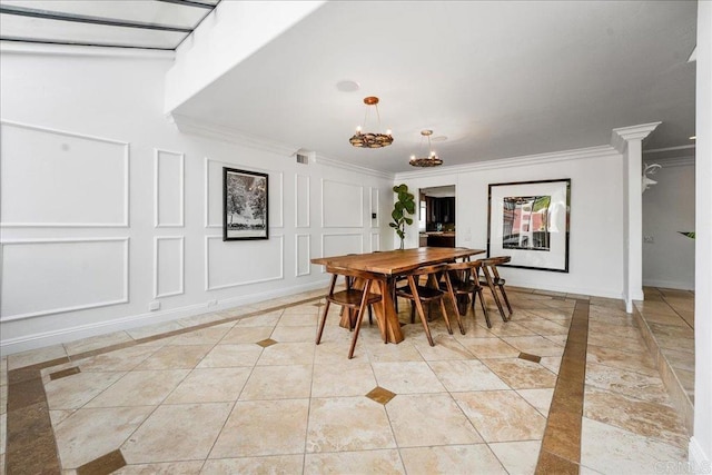 5274 Margaret, Bonita, CA 91902 - dining room featuring light tile patterned flooring, a notable chandelier, crown molding, a decorative wall, and baseboards