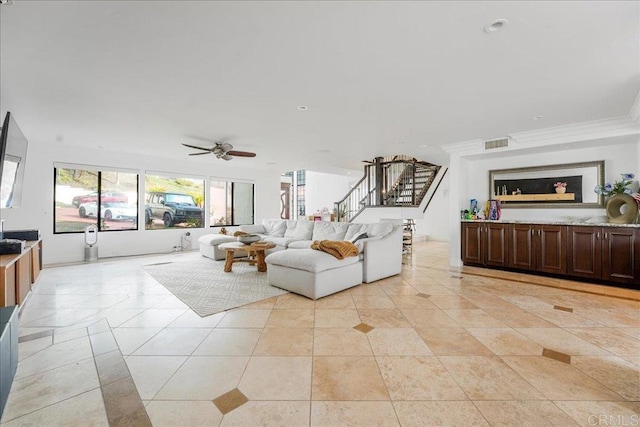 5274 Margaret, Bonita, CA 91902 - living area with stairs, ornamental molding, light tile patterned flooring, visible vents, and a ceiling fan